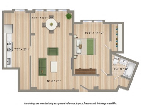 1 bedroom floor plan rendering at the dahila apartments in takoma washington dc